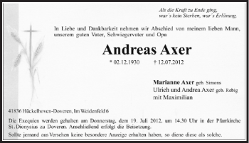 Todesanzeige von Andreas Axer von Rheinische Post