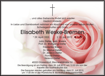 Todesanzeige von Elisabeth Weske-Bremen von Rheinische Post