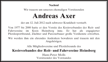 Todesanzeige von Andreas Axer von Rheinische Post