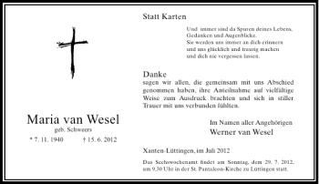 Todesanzeige von Maria von Wesel von Rheinische Post