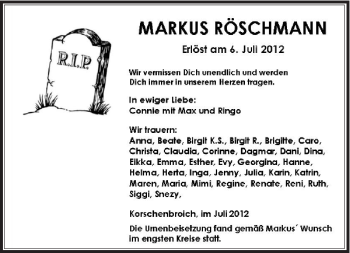 Todesanzeige von Röschmann Markus von Rheinische Post