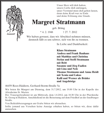 Todesanzeige von Margret Stratmann von Rheinische Post