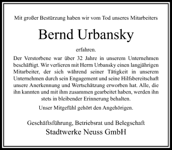 Todesanzeige von Bernd Urbansky von Rheinische Post