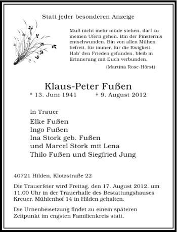 Todesanzeige von Klaus-Peter Fußen von Rheinische Post