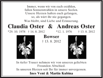 Todesanzeige von Claudia und Andreas Oster von Rheinische Post