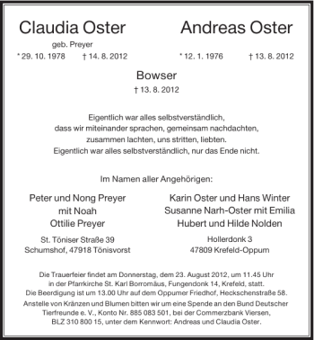 Todesanzeige von Claudia Oster Andreas Oster von Rheinische Post