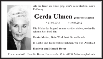 Todesanzeige von Gerda Ulmen von Rheinische Post