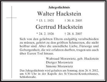 Todesanzeige von Walter Hackstein Gertrud Hackstein von Rheinische Post
