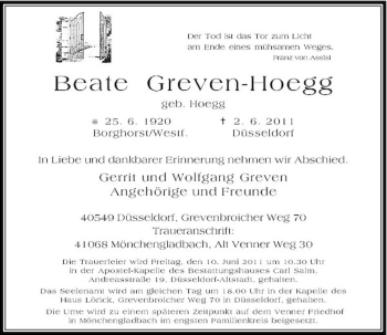 Todesanzeige von Beate Greven-Hoegg von Rheinische Post