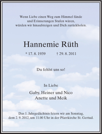 Todesanzeige von Hannemie Rüth von Rheinische Post