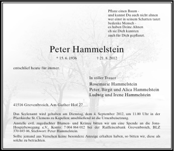 Todesanzeige von Peter Hammelstein von Rheinische Post