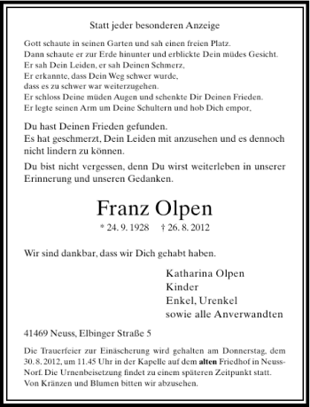 Todesanzeige von Franz Olpen von Rheinische Post