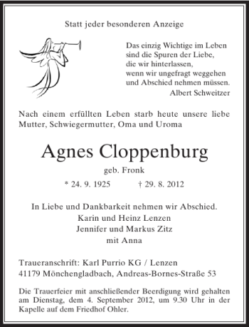 Todesanzeige von Agnes Cloppenburg von Rheinische Post