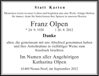 Todesanzeige von Franz Olpen von Rheinische Post