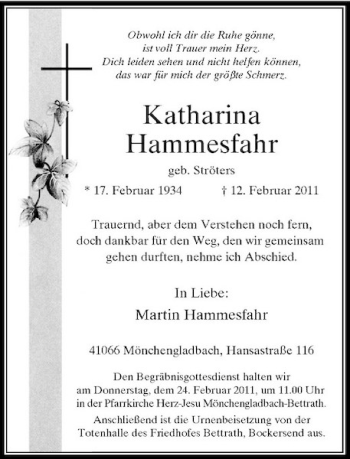 Todesanzeige von Katharina Hammesfahr von Rheinische Post