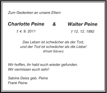 Todesanzeige von Charlotte Peine Walter Peine von Rheinische Post