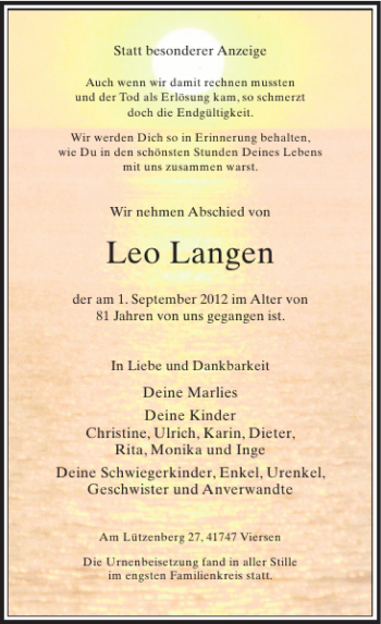 Todesanzeige von Leo Langen von Rheinische Post