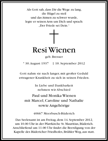 Todesanzeige von Resi Wienen von Rheinische Post