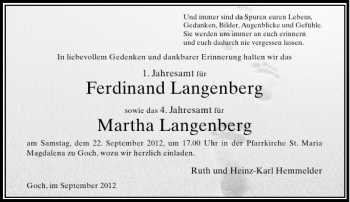 Todesanzeige von Ferdinand Langenberg Martha Langenberg von Rheinische Post