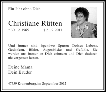 Todesanzeige von Christiane Rütten von Rheinische Post
