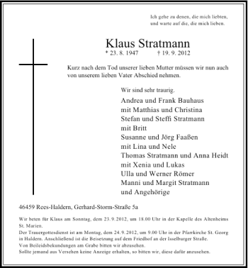 Todesanzeige von Klaus Stratmann von Rheinische Post