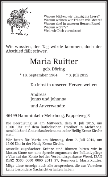Todesanzeige von Maria Ruitter von Rheinische Post