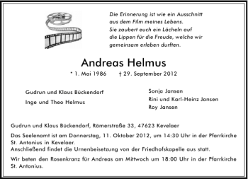 Todesanzeige von Andreas Helmus von Rheinische Post