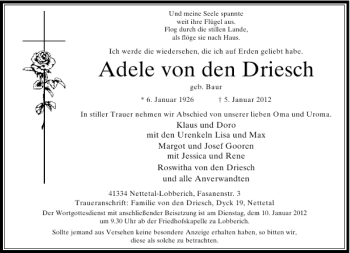 Todesanzeige von Adele von den Driesch von Rheinische Post