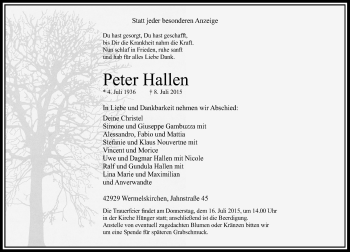 Todesanzeige von Peter Hallen von Rheinische Post