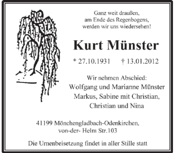 Todesanzeige von Kurt Münster von Rheinische Post