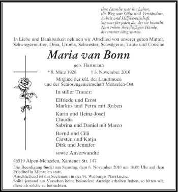 Todesanzeige von Maria van Bonn von Rheinische Post