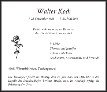 Todesanzeige von Walter Koch von Rheinische Post