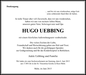 Todesanzeige von Hugo Uebbing von Rheinische Post