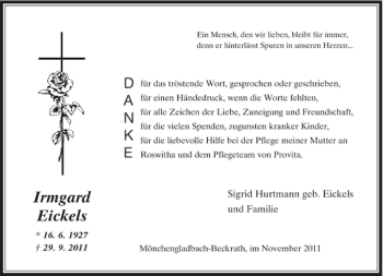 Todesanzeige von Irmgard Eickels von Rheinische Post