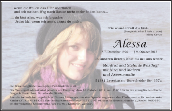 Todesanzeige von Alessa  von Rheinische Post