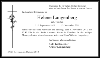 Todesanzeige von Helene Langenberg von Rheinische Post