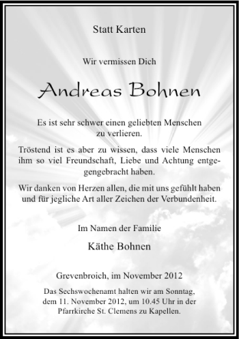 Todesanzeige von Andreas Bohnen von Rheinische Post