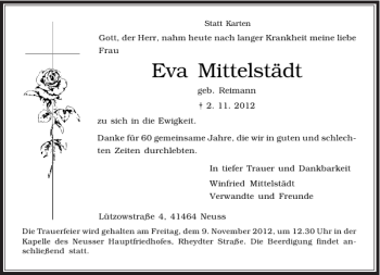 Todesanzeige von Eva Mittelstädt von Rheinische Post