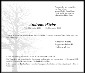 Todesanzeige von Andreas Wiebe von Rheinische Post