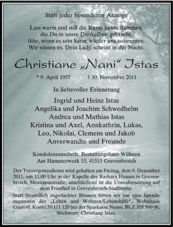 Todesanzeige von Christiane Nani Istas von Rheinische Post