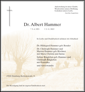 Todesanzeige von Dr. Albert Hammer von Rheinische Post