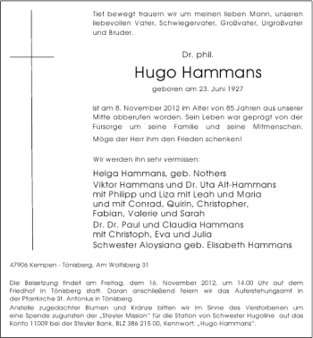 Todesanzeige von Hugo Hammans von Rheinische Post