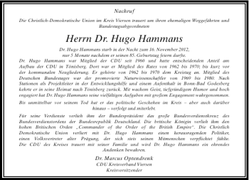 Todesanzeige von Dr. Hugo Hammans von Rheinische Post
