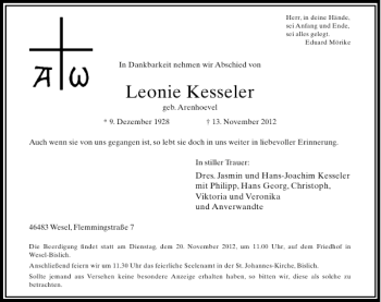 Todesanzeige von Leonie Kesseler von Rheinische Post