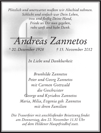 Todesanzeige von Andreas Zannetos von Rheinische Post