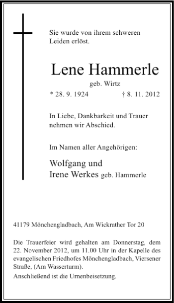 Todesanzeige von Lene Hammerle von Rheinische Post