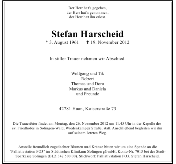 Todesanzeige von Harscheid Stefan von Rheinische Post
