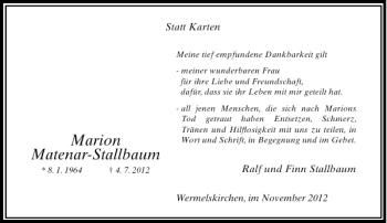 Todesanzeige von Matenar-Stellbaum Marion von Rheinische Post