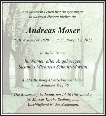 Todesanzeige von Andreas Moser von Rheinische Post