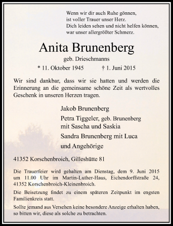 Todesanzeige von Anita Brunenberg von Rheinische Post